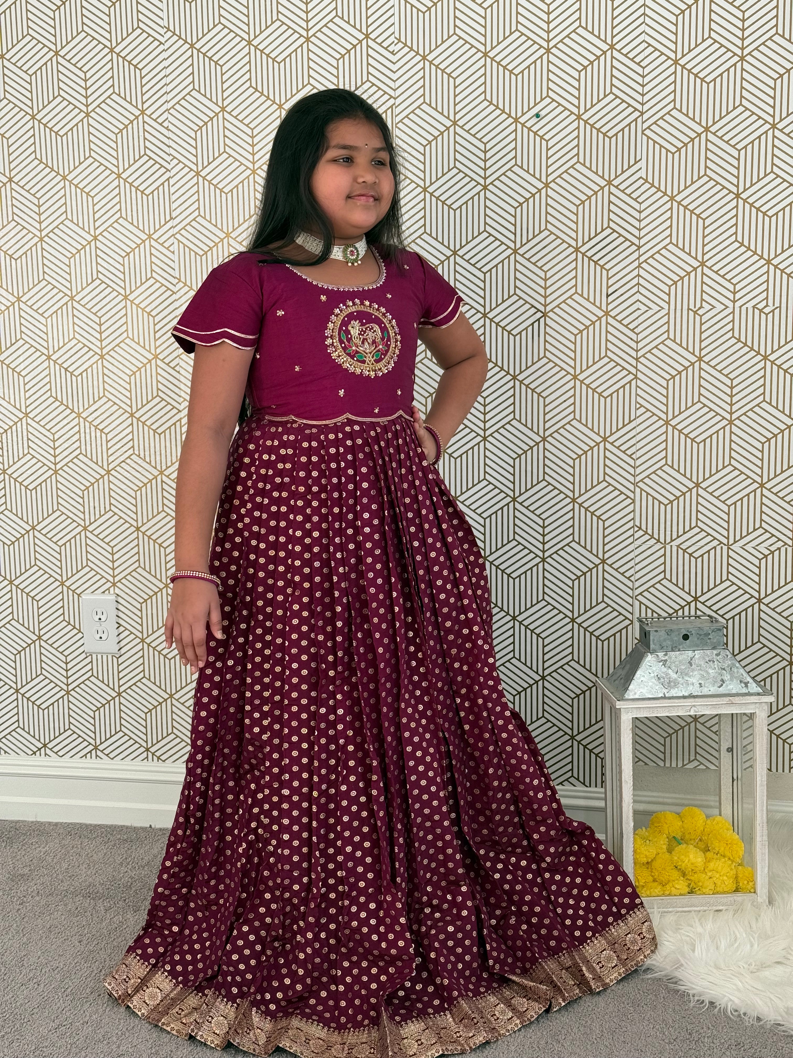 Wine color girls body lehanga with blouse